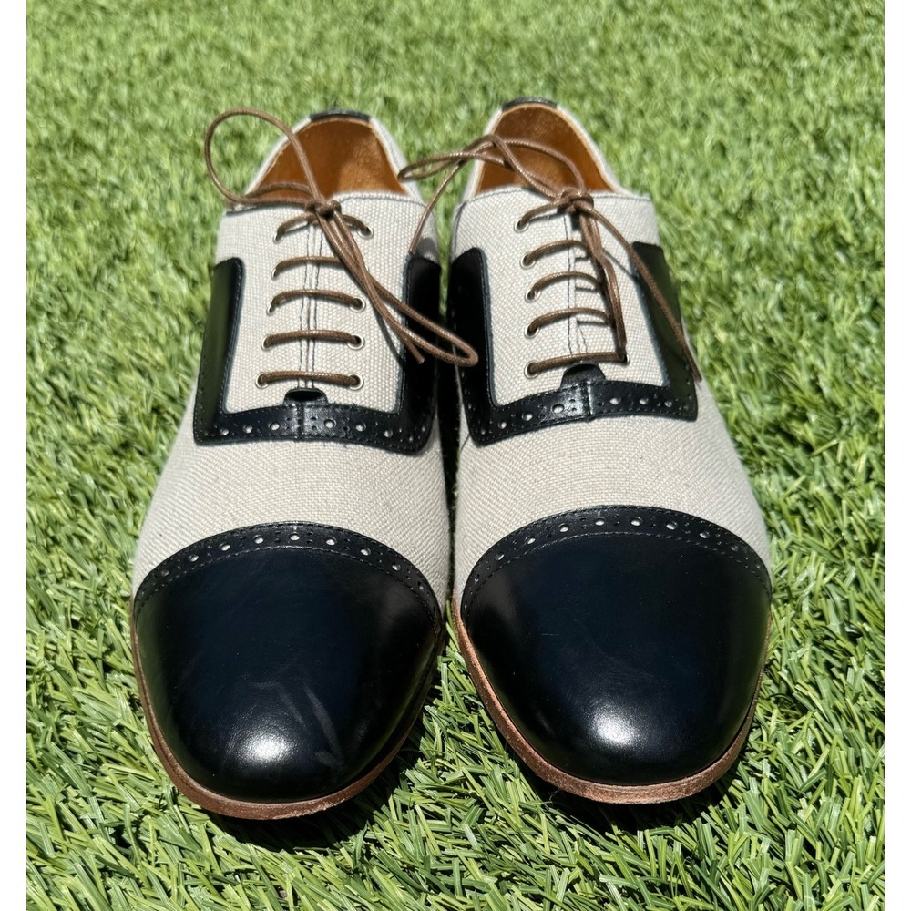Paul Fredrick Men's 9M Black Stone Leather Canvas Cap Toe Oxford Italy 3166